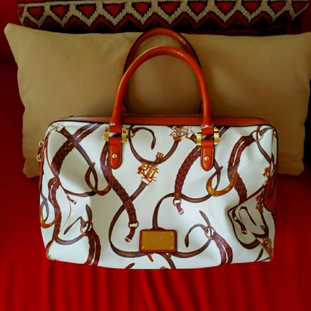 Ralph Lauren belt monogram satchel white tan handbag